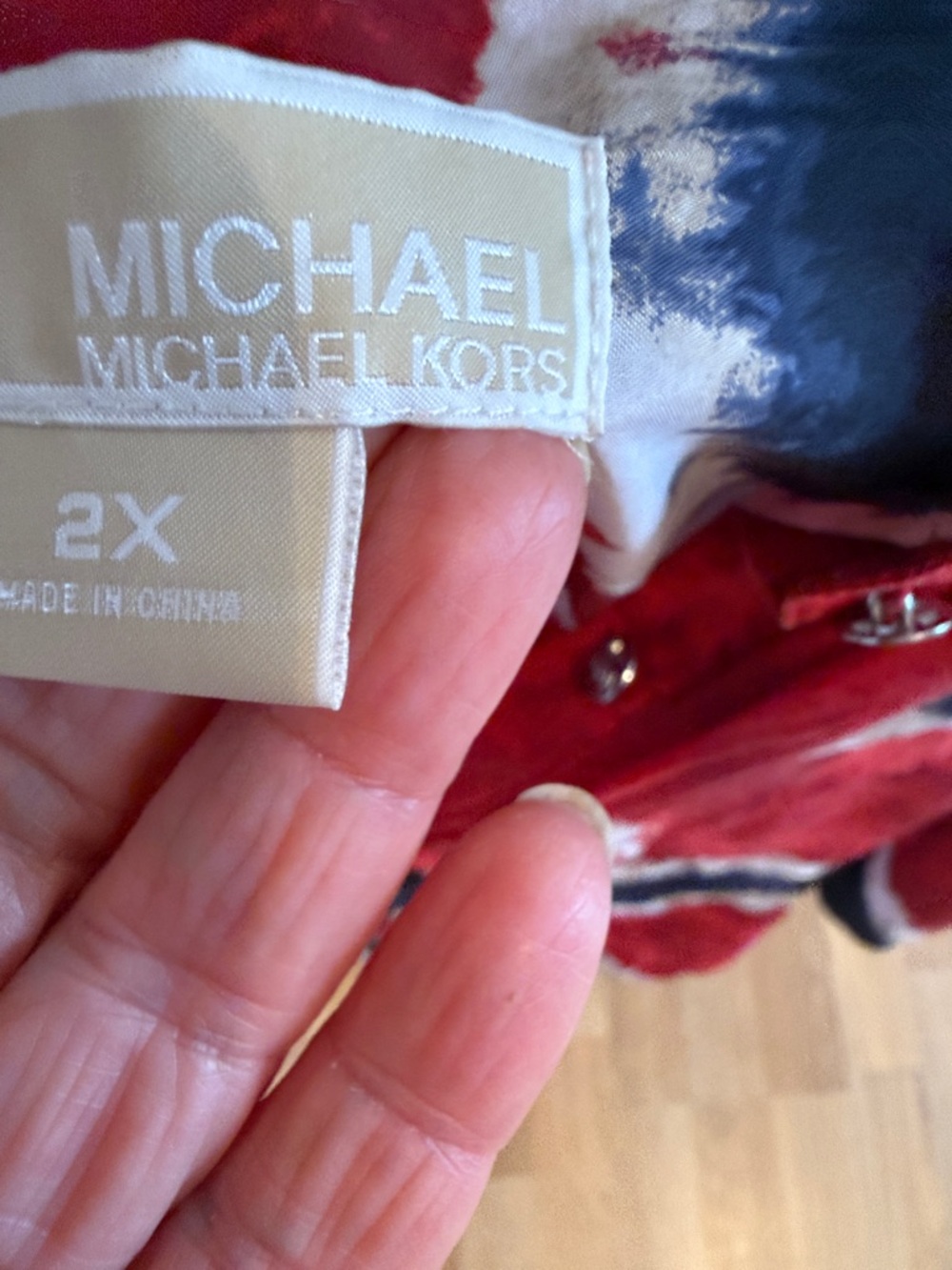 Michael Kors Red Tie-Dye Henley with Navy and White Circles - Picture 9 of 9